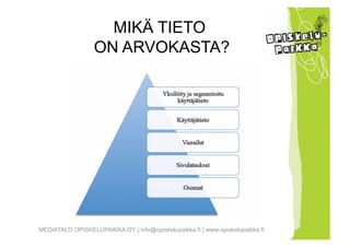 MIKÄ TIETO
                  ON ARVOKASTA?




MEDIATALO OPISKELUPAIKKA OY | info@opiskelupaikka.fi | www.opiskelupaikka.fi
 