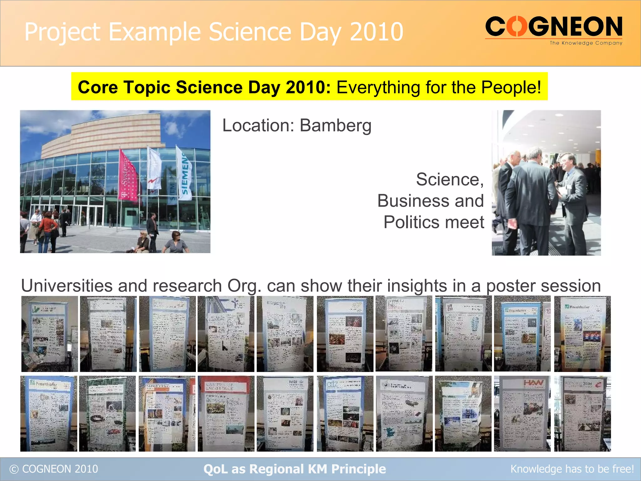 Project Example Science Day 2010 QoL as Regional KM Principle Core Topic Science Day 2010:  Everything for the People! Location: Bamberg Science, Business and Politics meet Universities and research Org. can show their insights in a poster session 