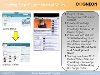 Leading Edge Cluster Medical Valley QoL as Regional KM Principle Project „Cluster Management 2.0“ started 05/2010 Provides Knowledge Infrastructure and a Knowledge Coach for 43 Cluster Projects Collaboration Portal with Social Networking based on software developed for World Bank‘s Intranet Thank You World Bank and Development Seed! Starting in autumn 2010: Medical Valley Talks and Coworking – Knowledge Sharing and Networking like Google Talks World Bank Medical Valley 