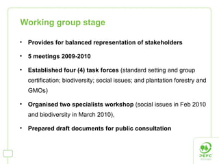 Provides for balanced representation of stakeholders 5 meetings 2009-2010 Established four (4) task forces  (standard setting and group certification; biodiversity; social issues; and plantation forestry and GMOs) Organised two specialists workshop  (social issues in Feb 2010 and biodiversity in March 2010), Prepared draft documents for public consultation Working group stage 