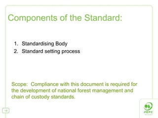 Components of the Standard: Standardising Body Standard setting process Scope:  Compliance with this document is required for the development of national forest management and chain of custody standards.  