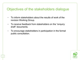 Objectives of the stakeholders dialogue To inform stakeholders about the results of work of the revision Working Group. To receive feedback from stakeholders on the  “enquiry draft” documents. To encourage stakeholders in participation in the formal public consultation. 