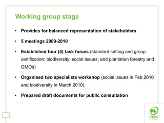 Working group stage

•   Provides for balanced representation of stakeholders

•   5 meetings 2009-2010

•   Established four (4) task forces (standard setting and group
    certification; biodiversity; social issues; and plantation forestry and
    GMOs)

•   Organised two specialists workshop (social issues in Feb 2010
    and biodiversity in March 2010),

•   Prepared draft documents for public consultation
 