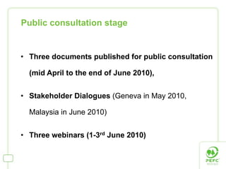 Public consultation stage


• Three documents published for public consultation

  (mid April to the end of June 2010),


• Stakeholder Dialogues (Geneva in May 2010,

  Malaysia in June 2010)


• Three webinars (1-3rd June 2010)
 