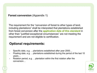 Forest conversion (Appendix 1)


     The requirement for the “conversion of forest to other types of land,
     including plantations” shall be interpreted that plantations established
     from forest conversion after the application date of this standard in
     other than “justified exceptional circumstances” are not meeting the
     requirement and are not eligible to certification.

     Optional requirements:

     -   Specific date, e.g. …plantations established after year 2000…
     -   Floating date, e.g. …plantations established during the period of the last 10
         years…
     -   Rotation period, e.g. …plantation within the first rotation after the
         conversion…


24
 