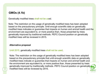 GMOs (4.1b)

     Genetically modified trees shall not be used.

     Note: The restriction on the usage of genetically modified trees has been adopted
     based on the precautionary principle. Until enough scientific data on genetically
     modified trees indicates or guarantee that impacts on human and animal health and the
     environment are equivalent to, or more positive than, those presented by trees
     genetically improved by traditional methods. PEFC Council position on genetically
     modified trees will be reviewed in 2015.


      Alternative proposal

      Until 2015, genetically modified trees shall not be used.

      Note: The restriction on the usage of genetically modified trees has been adopted
      based on the precautionary principle that until enough scientific data on genetically
      modified trees indicate or guarantee that impacts on human and animal health and
      the environment are equivalent to, or more positive than, those presented by trees
      genetically improved by traditionally methods. PEFC Council position on genetically
28    modified trees will be reviewed by 2015.
 