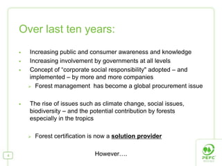 Over last ten years:
      Increasing public and consumer awareness and knowledge
      Increasing involvement by governments at all levels
      Concept of “corporate social responsibility" adopted – and
      implemented – by more and more companies
        Forest management has become a global procurement issue

      The rise of issues such as climate change, social issues,
      biodiversity – and the potential contribution by forests
      especially in the tropics

       Forest certification is now a solution provider


4                             However….
 