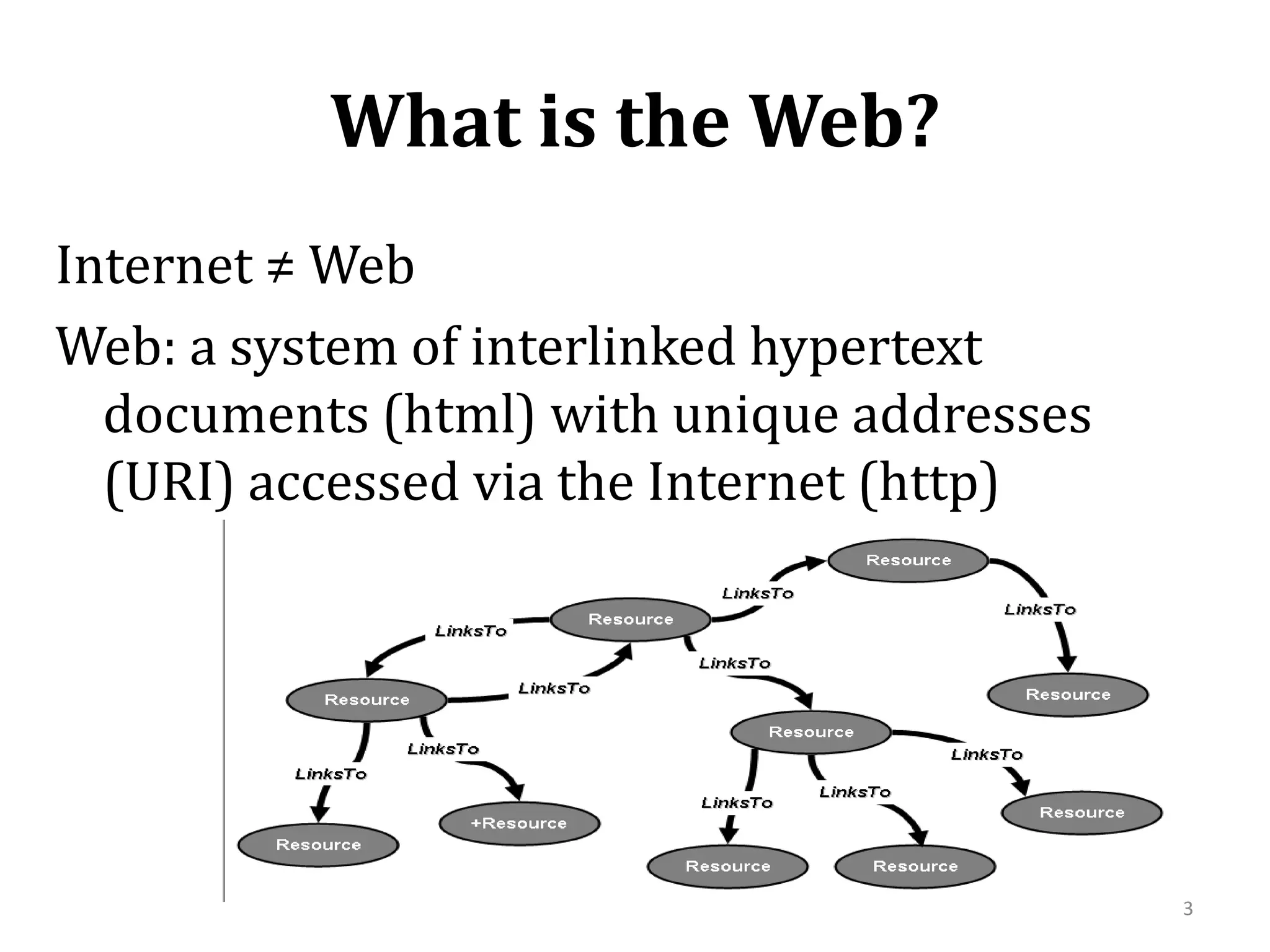 What is the Web?Internet ≠ Web Web: a system of interlinked hypertext documents (html) with unique addresses (URI) accessed via the Internet (http)3