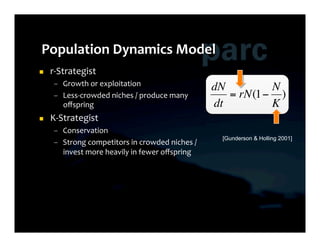     r-­‐Strategist	
  
      –  Growth	
  or	
  exploitation	
  
                                                                     dN        N
      –  Less-­‐crowded	
  niches	
  /	
  produce	
  many	
             = rN(1− )
         oﬀspring	
                                                  dt        K
    K-­‐Strategist	
  
      –  Conservation	
  
                                                                      [Gunderson & Holling 2001]
      –  Strong	
  competitors	
  in	
  crowded	
  niches	
  /	
  
         invest	
  more	
  heavily	
  in	
  fewer	
  oﬀspring	
  
                                                     €
 