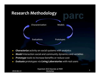 Characteriza*on	
                Models	
  




                         Evalua*ons	
                 Prototypes	
  



    Characterize	
  activity	
  on	
  social	
  systems	
  with	
  analytics	
  
    Model	
  interaction	
  social	
  and	
  community	
  dynamics	
  and	
  variables	
  
    Prototype	
  tools	
  to	
  increase	
  beneﬁts	
  or	
  reduce	
  cost	
  
    Evaluate	
  prototypes	
  via	
  Living	
  Laboratories	
  with	
  real	
  users	
  

                                Hypertext 2010 Keynote at MSM
2010-06-13                                 Workshop                                           3
 