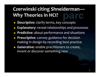     Descriptive:	
  clarify	
  terms,	
  key	
  concepts	
  
    Explanatory:	
  reveal	
  relationships	
  and	
  processes	
  
    Predictive:	
  about	
  performance	
  and	
  situations	
  
    Prescriptive:	
  convey	
  guidance	
  for	
  decision	
  
     making	
  in	
  design	
  by	
  recording	
  best	
  practice	
  
    Generative:	
  enable	
  practitioners	
  to	
  create,	
  
     invent	
  or	
  discover	
  something	
  new	
  




                                                                         7
 