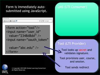 LMS (LTI Consumer) Tool (LTI Provider) <form action=”tool”/> <input name=”user_id”  value=”2348d8dd” /> <input name=”oauth_token”  value=”abc.edu” /> </form> Tool looks up  secret  and validates signature. Tool provisions user, course, and session. Tool sends redirect Form is immediately auto-submitted using JavaScript. © Copyright 2010 IMS Global Learning Consortium All Rights Reserved. 