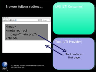LMS (LTI Consumer) Tool (LTI Provider) <head> <meta redirect  page=”main.php”> </head> Tool produces  first page. Browser follows redirect… © Copyright 2010 IMS Global Learning Consortium All Rights Reserved. 