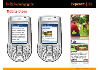 Mobile blogs


     Send in pictures            Page editor
   Instruction                 Create new page
   Send new ima...