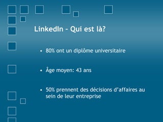 LinkedIn – Qui est là? 80% ont un diplôme universitaireÂge moyen: 43 ans50% prennent des décisions d’affaires au sein de leur entreprise