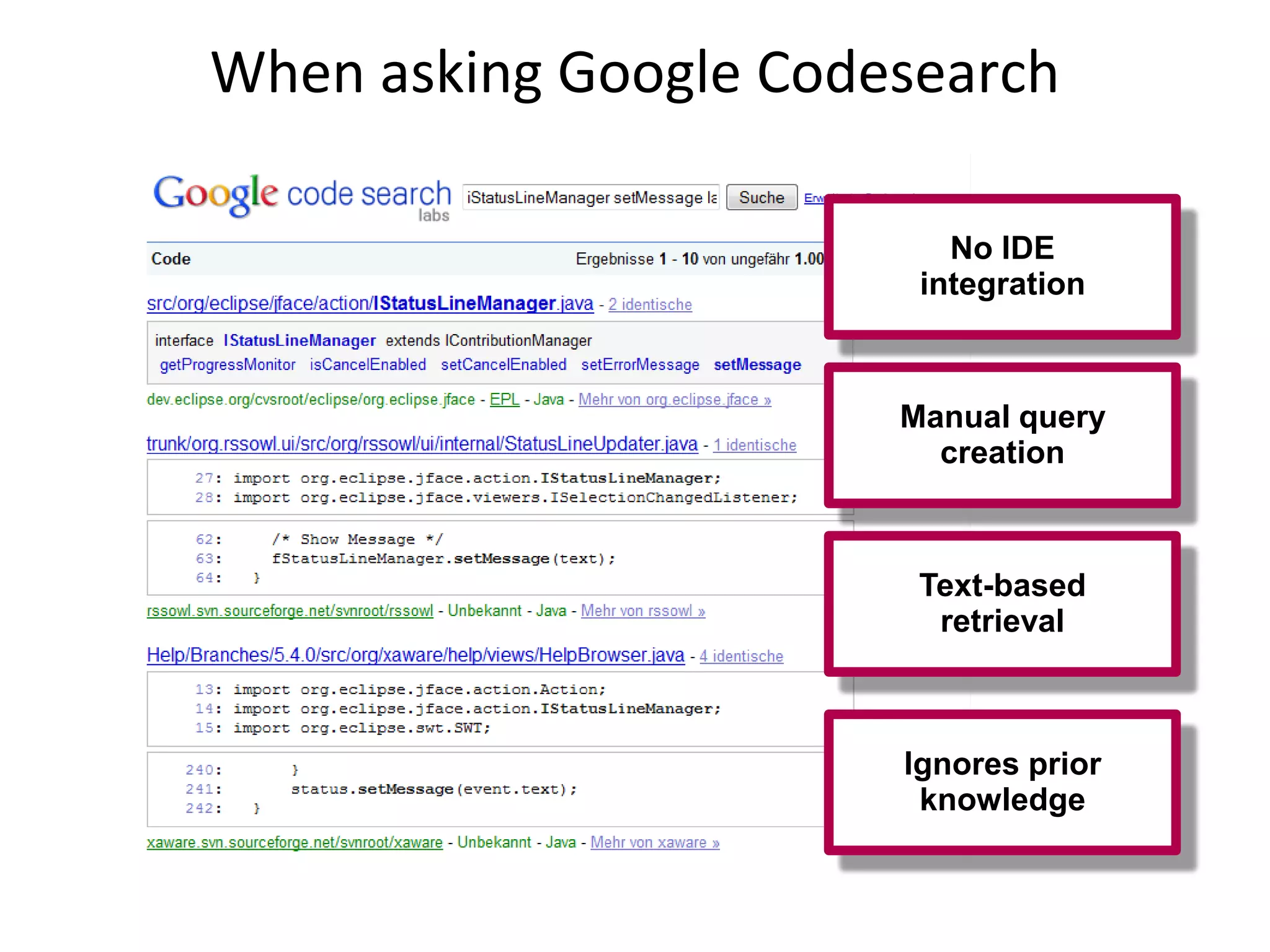 When asking Google Codesearch

                          No IDE
                        integration



                       Manual query
                         creation



                        Text-based
                         retrieval



                       Ignores prior
                        knowledge
 