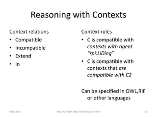 Reasoning with Contexts
Context relations                       Context rules
• Compatible                            • C is compatible with
• Incompatible                            contexts with agent
• Extend                                  “rpi:LiDing”
• In                                    • C is compatible with
                                          contexts that are
                                          compatible with C2

                                        Can be specified in OWL,RIF
                                          or other languages

6/26/2010           W3C RDF Next Steps Workshop, Stanford         13
 