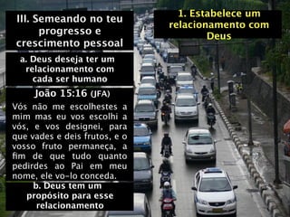 1. Estabelece um
III. Semeando no teu
                               relacionamento com
      progresso e                      Deus
crescimento pessoal
 a. Deus deseja ter um
  relacionamento com
    cada ser humano
     João 15:16 (JFA)
Vós não me escolhestes a
mim mas eu vos escolhi a
vós, e vos designei, para
que vades e deis frutos, e o
vosso fruto permaneça, a
ﬁm de que tudo quanto
pedirdes ao Pai em meu
nome, ele vo-lo conceda.
     b. Deus tem um
   propósito para esse
      relacionamento
 