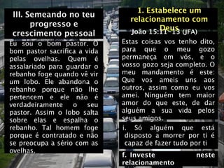 1. Estabelece um
III. Semeando no teu
                               relacionamento com
      progresso e                      Deus (JFA)
crescimento pessoal            João 15:11-13
Eu sou o bom pastor. O       Estas coisas vos tenho dito,
bom pastor sacriﬁca a vida   para que o meu gozo
pelas ovelhas. Quem é        permaneça em vós, e o
assalariado para guardar o   vosso gozo seja completo. O
rebanho foge quando vê vir   meu mandamento é este:
um lobo. Ele abandona o      Que vos ameis uns aos
rebanho porque não lhe       outros, assim como eu vos
pertencem e ele não é        amei. Ninguém tem maior
verdadeiramente    o   seu   amor do que este, de dar
pastor. Assim o lobo salta   alguém a sua vida pelos
sobre elas e espalha o       seus amigos.
rebanho. Tal homem foge      i. Só alguém que está
porque é contratado e não     disposto a morrer por ti é
se preocupa a sério com as    capaz de fazer tudo por ti
ovelhas.
                             f.
 Investe           neste
                             relacionamento
 