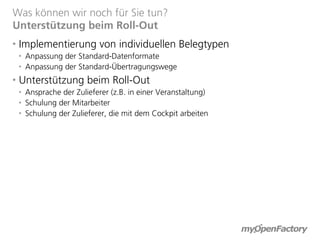 Was können wir noch für Sie tun?
Unterstützung beim Roll-Out

    Implementierung von individuellen Belegtypen
    
        Anpassung der Standard-Datenformate
    
        Anpassung der Standard-Übertragungswege

    Unterstützung beim Roll-Out
    
        Ansprache der Zulieferer (z.B. in einer Veranstaltung)
    
        Schulung der Mitarbeiter
    
        Schulung der Zulieferer, die mit dem Cockpit arbeiten
 