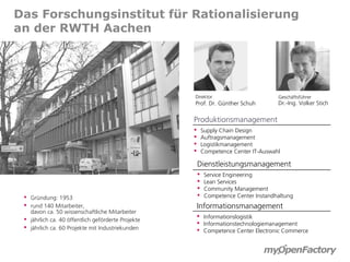 Das Forschungsinstitut für Rationalisierung
an der RWTH Aachen




                                                    Direktor                           Geschäftsführer
                                                    Prof. Dr. Günther Schuh            Dr.-Ing. Volker Stich

                                                    Produktionsmanagement
                                                           Supply Chain Design
                                                           Auftragsmanagement
                                                           Logistikmanagement
                                                           Competence Center IT-Auswahl

                                                        Dienstleistungsmanagement
                                                            Service Engineering
                                                            Lean Services
                                                            Community Management
  Gründung: 1953                                           Competence Center Instandhaltung
  rund 140 Mitarbeiter,                                Informationsmanagement
   davon ca. 50 wissenschaftliche Mitarbeiter
                                                         Informationslogistik
  jährlich ca. 40 öffentlich geförderte Projekte
                                                         Informationstechnologiemanagement
  jährlich ca. 60 Projekte mit Industriekunden          Competence Center Electronic Commerce
 