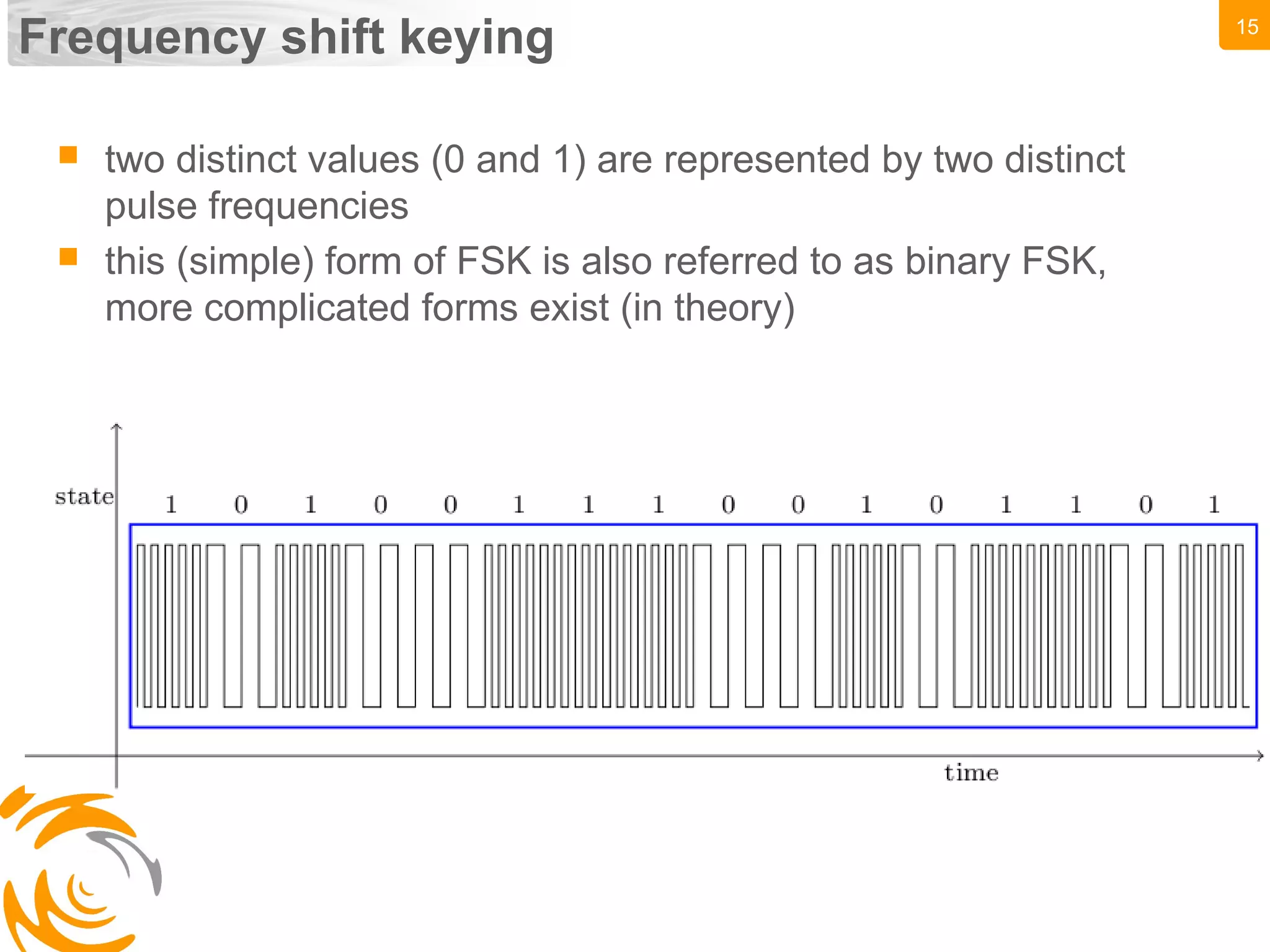 15
Frequency shift keying
 two distinct values (0 and 1) are represented by two distinct
pulse frequencies
 this (simple) form of FSK is also referred to as binary FSK,
more complicated forms exist (in theory)
 