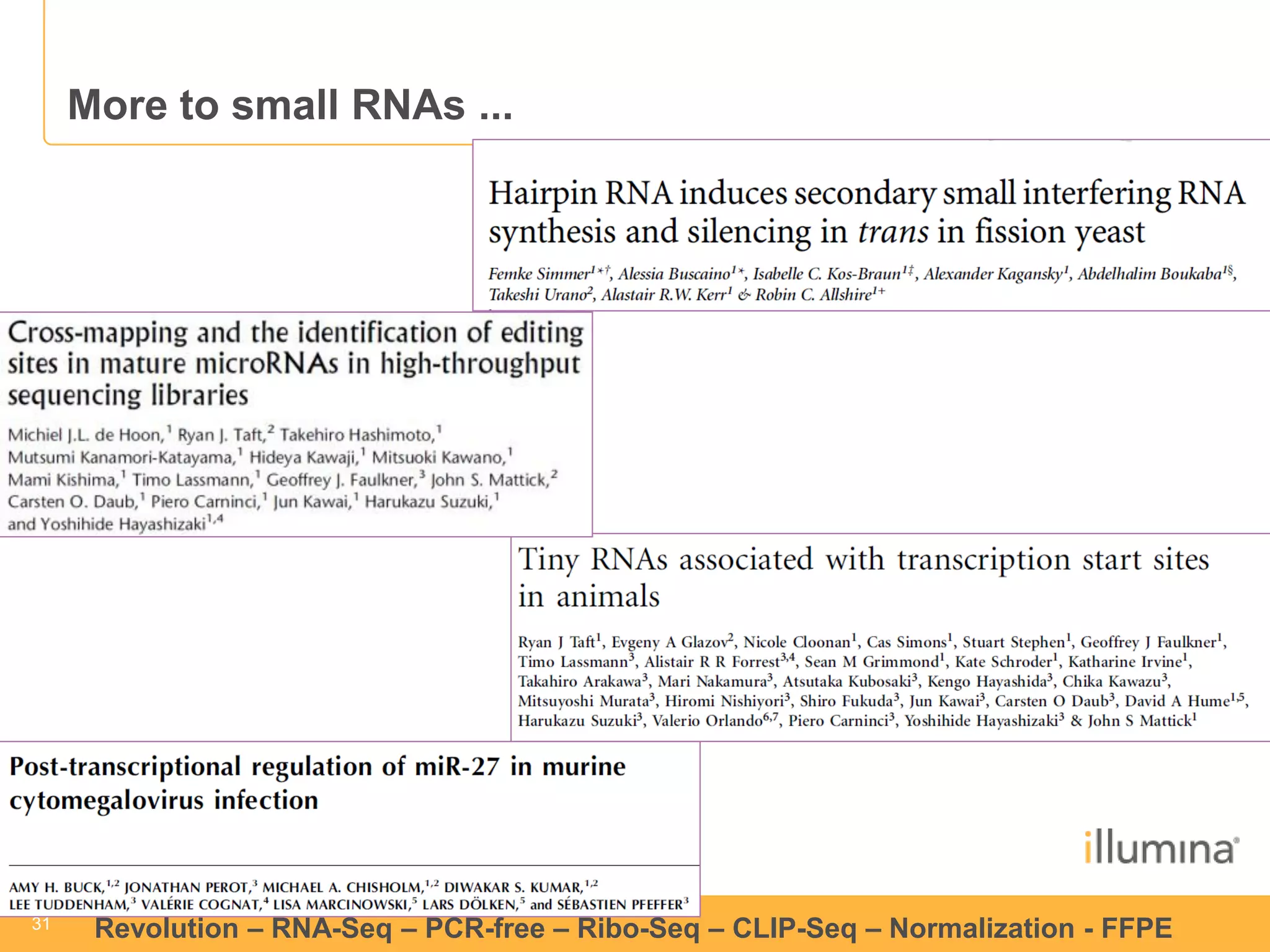 31 
31 
Revolution –RNA-Seq–PCR-free –Ribo-Seq–CLIP-Seq–Normalization -FFPE 
More to small RNAs ...  