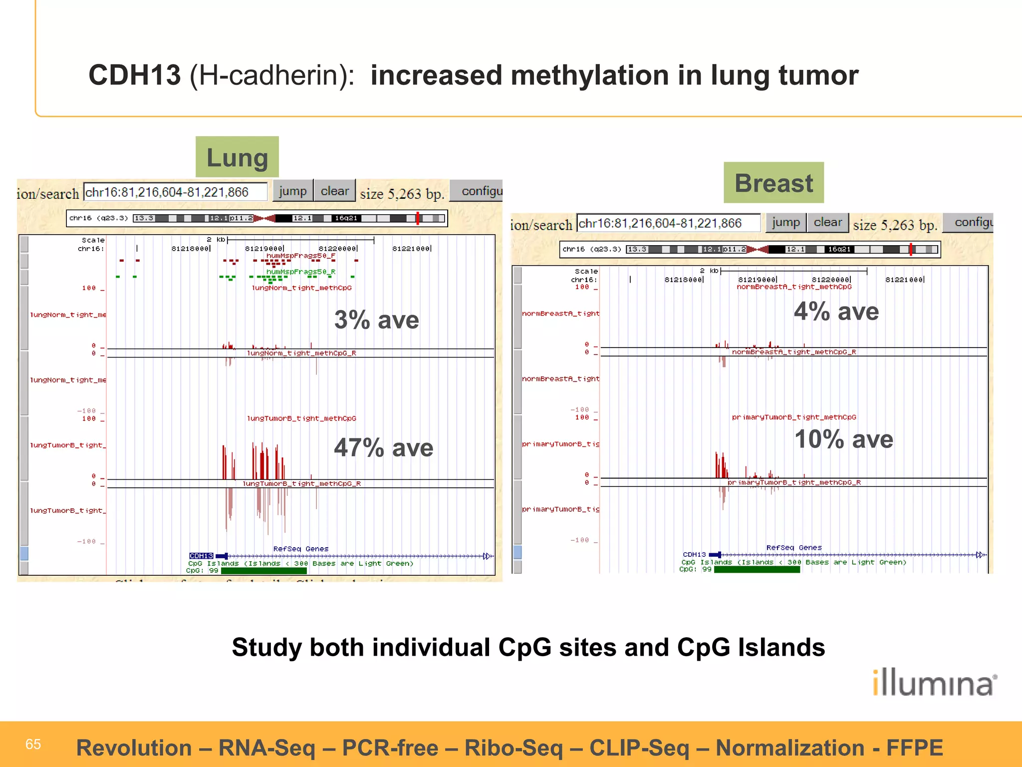 65 
65 
Revolution –RNA-Seq–PCR-free –Ribo-Seq–CLIP-Seq–Normalization -FFPE 
Lung 
Breast 
CDH13(H-cadherin): increased methylation in lung tumor 
3% ave 
47% ave 
4% ave 
10% ave 
Study both individual CpG sites and CpG Islands  