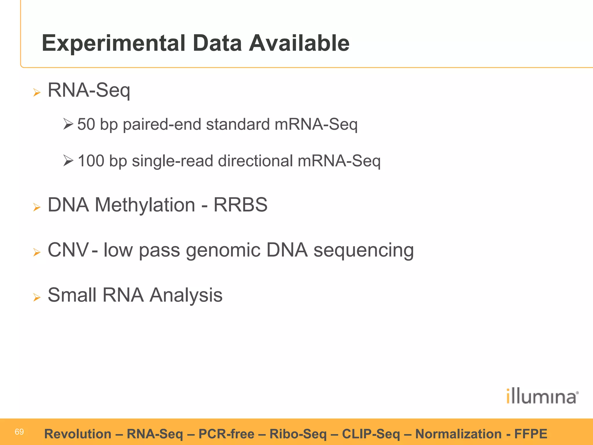 69 
69 
Revolution –RNA-Seq–PCR-free –Ribo-Seq–CLIP-Seq–Normalization -FFPE 
Experimental Data Available 
RNA-Seq 
50 bppaired-end standard mRNA-Seq 
100 bpsingle-read directional mRNA-Seq 
DNA Methylation -RRBS 
CNV-low pass genomic DNA sequencing 
Small RNA Analysis 