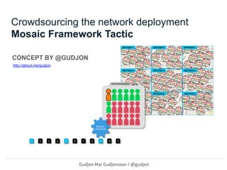 Crowdsourcing the network deployment
Mosaic Framework Tactic
                                                                      SECTION 1   SECTION 2                         SECTION 3




CONCEPT BY @GUDJON
http://about.me/gudjon
                                                                      SECTION 4   SECTION 5                         SECTION 6




                                                             NEIGHBOURHOOD+



                                                                      SECTION 7   SECTION 8                         SECTION 9




                                                                                  Gudjon Mar Gudjonsson / @gudjon




                                               MOSAIC
                                              PROCESS




          1    2    3    4   5   6    7   8      9      10       11




                                     Gudjon Mar Gudjonsson / @gudjon
 