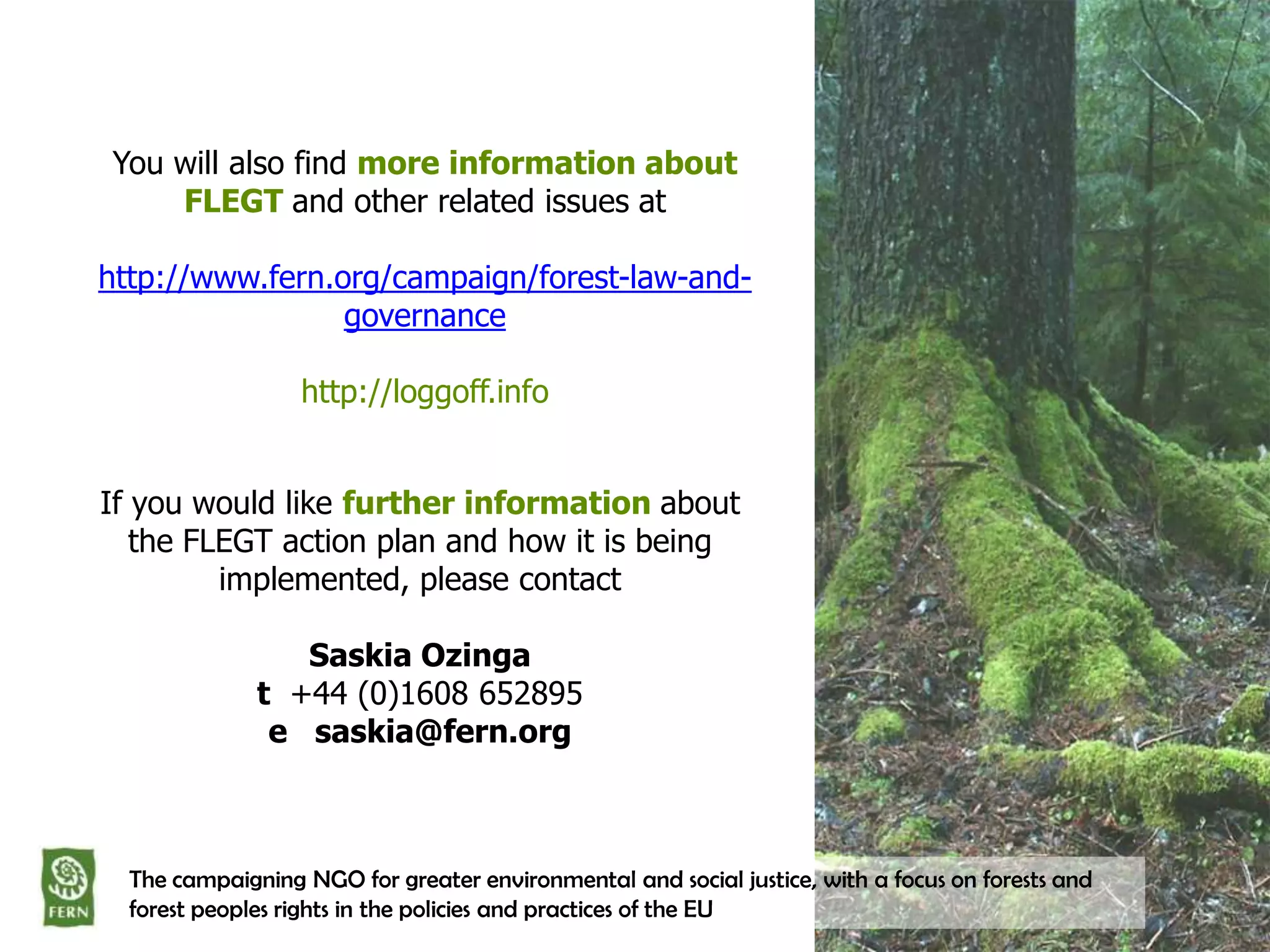 You will also find more information about
FLEGT and other related issues at
http://www.fern.org/campaign/forest-law-andgovernance
http://loggoff.info
If you would like further information about
the FLEGT action plan and how it is being
implemented, please contact
Saskia Ozinga
t +44 (0)1608 652895
e saskia@fern.org

The campaigning NGO for greater environmental and social justice, with a focus on forests and
forest peoples rights in the policies and practices of the EU

 