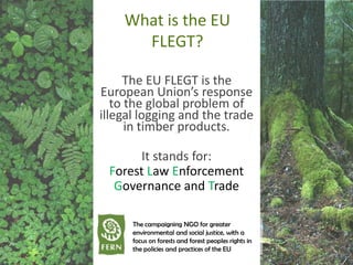 What is the EU
FLEGT?
The EU FLEGT is the
European Union’s response
to the global problem of
illegal logging and the trade
in timber products.

It stands for:
Forest Law Enforcement
Governance and Trade
The campaigning NGO for greater
environmental and social justice, with a
focus on forests and forest peoples rights in
the policies and practices of the EU

 