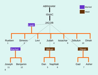 Rueben  Simeon  Levi  Judah  Issachar  Zebulun  Dinah 1  2  3  4  9  10  Leah ABRAHAM ISAAC JACOB  Rachel Bilhah Zilpah Joseph  Benjamin  Dan  Naphtali  Gad  Asher 11  12  5  6  7  8 Married Maid 