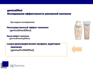 Три модуля исследования : Непосредственный эффект кампании   (gemiusDirectEffect) бренд-эффект кампании   (gemiusBrandingEffect) Социо-демографический профиль аудитории  кампании (gemiusProfileEffect) gemiusEffect Исследование эффективности рекламной кампании 
