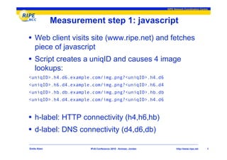 RIPE Network Coordination Centre




             Measurement step 1: javascript
• Web client visits site (www.ripe.net) and fetches
    piece of javascript
• Script creates a uniqID and causes 4 image
    lookups:
<uniqID>.h4.d6.example.com/img.png?<uniqID>.h4.d6
<uniqID>.h6.d4.example.com/img.png?<uniqID>.h6.d4
<uniqID>.hb.db.example.com/img.png?<uniqID>.hb.db
<uniqID>.h4.d4.example.com/img.png?<uniqID>.h4.d6



• h-label: HTTP connectivity (h4,h6,hb)
• d-label: DNS connectivity (d4,d6,db)

Emile Aben            IPv6 Conference 2010 - Amman, Jordan          http://www.ripe.net     6
 