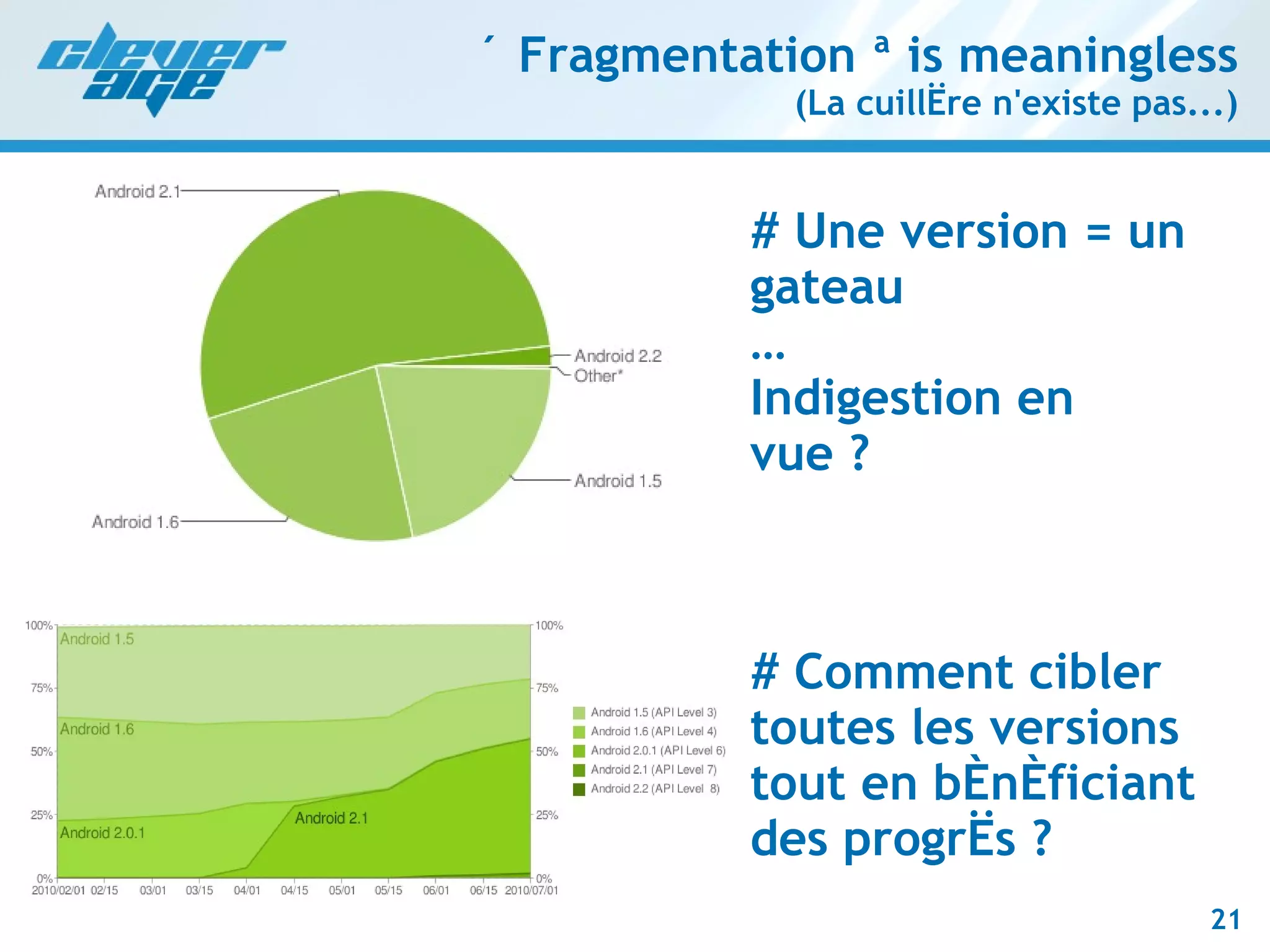 « Fragmentation » is meaningless (La cuillère n'existe pas...) # Une version = un gateau … Indigestion en vue ? # Comment cibler toutes les versions tout en bénéficiant des progrès ? 