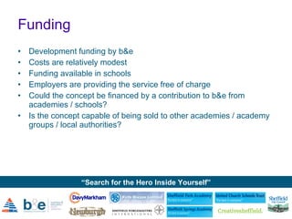 Funding Development funding by b&e Costs are relatively modest  Funding available in schools Employers are providing the service free of charge Could the concept be financed by a contribution to b&e from academies / schools? Is the concept capable of being sold to other academies / academy groups / local authorities? 