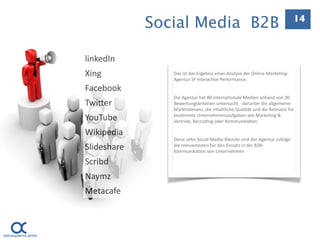 Social Media B2B                                               14



linkedIn 
Xing             Das ist das Ergebnis einer Analyse der Online‐Marke.ng‐
                 Agentur SF Interac.ve Performance.

Facebook 
                 Die Agentur hat 80 interna.onale Medien anhand von 30 
TwiEer           Bewertungskriterien untersucht ‐ darunter die allgemeine 
                 Marktrelevanz, die inhaltliche Qualität und die Relevanz für 
YouTube          bes.mmte Unternehmensaufgaben wie Marke.ng & 
                 Vertrieb, Recrui.ng oder Kommunika.on. 

Wikipedia 
                 Diese zehn Social‐Media‐Dienste sind der Agentur zufolge 
Slideshare       die relevantesten für den Einsatz in der B2B‐
                 Kommunika.on von Unternehmen 

Scribd 
Naymz 
Metacafe



                                                                                  16
 