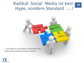 Radikal: Social Media ist kein                                      22
            Hype, sondern Standard ... !



                                                  ia
                                      So cial Med                Emai
                                                                     l




                                                                           n
                                                             e      Telefo
                                                       Press




...und sollte ein wesentlicher Bestandteil Ihrer 
Unternehmenskommunika.on werden !
 