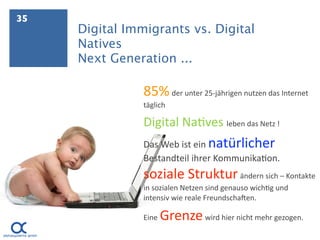 35
     Digital Immigrants vs. Digital
     Natives
     Next Generation ...

                85% der unter 25‐jährigen nutzen das Internet 
                täglich

                Digital Na.ves leben das Netz !
                Das Web ist ein natürlicher 
                Bestandteil ihrer Kommunika.on.
                soziale Struktur ändern sich – Kontakte 
                in sozialen Netzen sind genauso wich.g und 
                intensiv wie reale Freundscha]en. 

                Eine    Grenze wird hier nicht mehr gezogen.
 