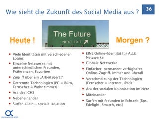 36
Wie sieht die Zukunft des Social Media aus ?



 Heute !                                                    Morgen ?
 Viele Identitäten mit verschiedenen    EINE Online-Identität für ALLE
  Logins                                  Netzwerke
 Einzelne Netzwerke mit                 Globale Netzwerke
  unterschiedlichen Freunden,            Einfacher, permanent verfügbarer
  Präferenzen, Favoriten                  Online-Zugriff. immer und überall
 Zugriff über ein „Arbeitsgerät“        Verschmelzung der Technologien
 Getrennte Technologien (PC = Büro,      (Fernseher = Internet, iPad)
  Fernseher = Wohnzimmer)                Ära der sozialen Kolonisation im Netz
 Ära des ICHS
                                         Miteinander
 Nebeneinander
                                         Surfen mit Freunden in Echtzeit (Bps.
 Surfen allein... soziale Isolation      Edelight, Smatch, etc.)
 