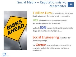 Social Media - Reputationsrisiko
                                                           39
                     Mitarbeiter

          1 Billion Euro Schaden ist der Wirtscha] 
          durch Mitarbeiter‐FehltriEe bereits entstanden

          70% der Mitarbeiter nutzen Social Media 
          Netzwerke während der Arbeitszeit.

          Mehr als 50%      nutzen die Netze für geschä]liche 
          Dinge (z.B. Kontakt mit Kunden, etc.).


          Social Engineering als Gefahr der 
          Industriespionage.

             Grenze
          Die              zwischen Privatleben und Beruf 
          verwischt und die Kontakte werden nicht mehr 
          diﬀerenziert.


                                                                 41
 