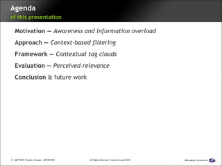 Agenda of this presentation Motivation —  Awareness and information overload Approach —  Context-based filtering   Framework —  Contextual tag clouds Evaluation —  Perceived relevance Conclusion  & future work 