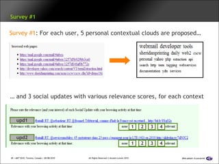 Motivation   Approach  Framework  Evaluation   Conclusion   Survey #1 …  and 3 social updates with various relevance scores, for each context upd1 upd2 1 2 3 4 1 2 3 4 Survey #1 : For each user, 5 personal contextual clouds are proposed… 