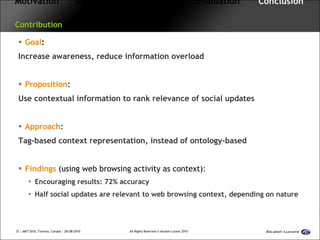 Motivation   Approach  Framework  Evaluation  Conclusion   Contribution Goal : Increase awareness, reduce information overload Proposition : Use contextual information to rank relevance of social updates Approach : Tag-based context representation, instead of ontology-based Findings  (using web browsing activity as context) : Encouraging results: 72% accuracy Half social updates are relevant to web browsing context, depending on nature 