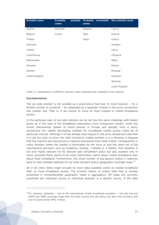 Dialogic innovatie ● interactie 97
Suitable cases Probably suitable
cases
Probably unsuitable
cases
Not suitable cases
Austria Denmark Bulgaria Cyprus
Belgium France Italy Estonia
Finland Spain Greece
Germany Hungary
Ireland Latvia
Luxembourg Lithuania
Netherlands Malta
Slovakia Poland
Sweden Portugal
United Kingdom Romania
Slovenia
Czech Republic
Table 12. Classification of different member states regarding the suitability of this method
Considerations
The zip code checker is not suitable as a stand-alone field test. It could however – for a
limited number of countries – be integrated as a separate module in the price comparison
site crawler test. That is, if we choose to focus on fixed instead of mobile broadband
access.
In the particular case of zip code checkers we do not face the same challenge with hidden
prices as in the case of the broadband subscription price comparison crawler. Given the
recent phenomenal uptake of smart phones in Europe and abroad, from a policy
perspective the rapidly developing markets for broadband mobile access might be of
particular interest. Although it is has already been argued in the price comparison case that
it is yet too soon to cover the (still immature) mobile markets it is a blessing in disguise
that the markets are less bound to national boundaries than fixed mobile. Consequently in
many member states the market is dominated by the more or less the same set of big
international providers such as Vodafone, Orange, T-Mobile or 3 Mobile. This situation is
not only highly relevant for EC telecom and competition policy but also explains why in
some countries there seems to be more information online about mobile broadband than
about fixed broadband. Furthermore, the small number of big players makes it relatively
easy to trace suitable websites for zip code checkers and/or geographic coverage maps.75
All in all, then, there might actually be more data available online on mobile broadband
than on fixed broadband access. The primary reason to collect data that is already
presented in comprehensible geographic maps is aggregation. All maps are currently
presented per individual county or individual operator in a specific county. It the data
75
For instance, Vodafone – one of the international mobile broadband providers – not only has put
UMTS and GPRS coverage maps from its home country the UK online, but also from Germany and
(via its local partner SFR), France.
 