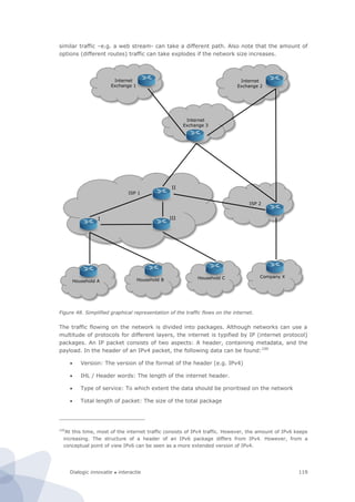 Dialogic innovatie ● interactie 119
similar traffic –e.g. a web stream- can take a different path. Also note that the amount of
options (different routes) traffic can take explodes if the network size increases.
Figure 48. Simplified graphical representation of the traffic flows on the internet.
The traffic flowing on the network is divided into packages. Although networks can use a
multitude of protocols for different layers, the internet is typified by IP (internet protocol)
packages. An IP packet consists of two aspects: A header, containing metadata, and the
payload. In the header of an IPv4 packet, the following data can be found:100
 Version: The version of the format of the header (e.g. IPv4)
 IHL / Header words: The length of the internet header.
 Type of service: To which extent the data should be prioritised on the network
 Total length of packet: The size of the total package
100
At this time, most of the internet traffic consists of IPv4 traffic. However, the amount of IPv6 keeps
increasing. The structure of a header of an IPv6 package differs from IPv4. However, from a
conceptual point of view IPv6 can be seen as a more extended version of IPv4.
Household A Household B Household C Company X
ISP 1
ISP 2
Internet
Exchange 3
Internet
Exchange 1
Internet
Exchange 2
I
II
III
 