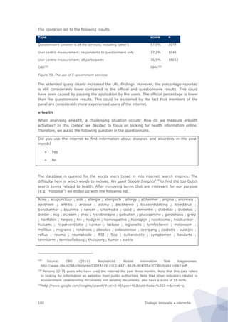 Dialogic innovatie ● interactie160
The operation led to the following results.
Type score n
Questionnaire (answer is all the services, including ‘other’) 67,0% 1079
User centric measurement: respondents to questionnaire only 37,2% 1048
User centric measurement: all participants 36,5% 18653
CBS143
58%144
Figure 73. The use of E-government services
The extended query clearly increased the URL-findings. However, the percentage reported
is still considerably lower compared to the official and questionnaire results. This could
have been caused by pausing the application by the users. The official percentage is lower
than the questionnaire results. This could be explained by the fact that members of the
panel are considerably more experienced users of the internet.
eHealth
When analysing eHealth, a challenging situation occurs: How do we measure eHealth
activities? In this context we decided to focus on looking for health information online.
Therefore, we asked the following question in the questionnaire.
Did you use the internet to find information about diseases and disorders in the past
month?
 Yes
 No
The database is queried for the words users typed in into internet search engines. The
difficulty here is which words to include. We used Google Insights145
to find the top Dutch
search terms related to health. After removing terms that are irrelevant for our purpose
(e.g. “Hospital”) we ended up with the following list.
Acne ; acupunctuur ; aids ; allergie ; allergisch ; allergy ; alzheimer ; angina ; anorexia ;
apotheek ; artritis ; artrose ; astma ; bechterew ; blaasontsteking ; bloeddruk ;
borstkanker ; boulimia ; cancer ; chlamydia ; copd ; dementie ; diabetes ; diabetes ;
dokter ; ecg ; eczeem ; ehec ; fysiotherapie ; galbulten ; glucosamine ; gordelroos ; griep
; hartfalen ; herpes ; hiv ; hodgkin ; homeopathie ; hoofdpijn ; hooikoorts ; huidkanker ;
huisarts ; hyperventilatie ; kanker ; lactose ; legionella ; lymfeklieren ; melanoom ;
mellitus ; migraine ; netelroos ; obesitas ; osteoporose ; overgang ; pectoris ; puistjes ;
reflux ; reuma ; reumatoide ; RSI ; Soa ; suikerziekte ; symptomen ; tandarts ;
tennisarm ; tenniselleboog ; thuiszorg ; tumor ; ziekte
143
Source: CBS (2011). Persbericht: Mobiel internetten flink toegenomen.
http://www.cbs.nl/NR/rdonlyres/C80FA519-21C2-4421-A52B-BE47E543CC80/0/pb11n067.pdf
144
Persons 12-75 years who have used the internet the past three months. Note that this data refers
to looking for information on websites from public authorities. Note that other indicators related to
eGovernment (downloading documents and sending documents) also have a score of 55-60%.
145
http://www.google.com/insights/search/#cat=0-45&geo=NL&date=today%203-m&cmpt=q
 