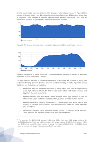 Dialogic innovatie ● interactie 171
for the social media (narrow) channel. This shows a rather stable image. In Figure 89the
number of unique visitors per 15 minute time frames in September 2011 over a single day
is displayed. This reveals a distinct day-and-night pattern. Obviously, this kind of
information can also be provided for other indicators and channels.
Figure 88. The amount of unique visitors per day for September 2011 for social media – narrow
Figure 89. The amount of unique visitors per 15 minute timeframe averaged all the days in the month
September 2011 for social media - narrow154
The data can also be used to construct taxonomies of activities. An example of this is can
be the relationship between duration of visits and the intensity of visits. Figure 90 shows
that there are three types of websites.
 Newspaper websites and especially those of social media both have a long duration
and a high intensity of use. In other words: Users often visit these websites and
stay there for quite some time.
 Websites of news sites both have a short duration and a high intensity of use. In
other words: Users visit these websites often, but stay there for a short period.
 Websites related to eHealth, E-commerce , E-government and wiki’s have a low
intensity of use and short duration: They are not visited often and users stay only
for a short time.
 Website of E-banking has a somewhat higher intensity of use and a low duration.
These websites are regularly visited for a short period of time.
154
For example: On 01.09.2011 between 5.00h and 5.15h there were 300 unique visitors; On
02.09.2011 between 5.00h and 5.15h there were 305 unique visitors; On 03.09.2011 between 5.00h
and 5.15h there were 295 unique visitors; et cetera. For the period 01.09.2011 - 30.09.2011 there
were on average 300 unique visitors between 5.00h and 5.15h.
 