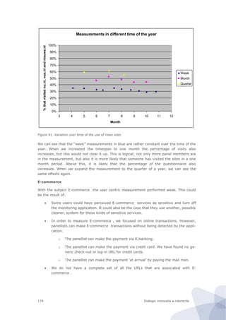 Dialogic innovatie ● interactie174
Figure 91. Variation over time of the use of news sites
We can see that the “week” measurements in blue are rather constant over the time of the
year. When we increased the timespan to one month the percentage of visits also
increases, but this would not clear it up. This is logical; not only more panel members are
in the measurement, but also it is more likely that someone has visited the sites in a one
month period. Above this, it is likely that the percentage of the questionnaire also
increases. When we expand the measurement to the quarter of a year, we can see the
same effects again.
E-commerce
With the subject E-commerce the user centric measurement performed weak. This could
be the result of:
 Some users could have perceived E-commerce services as sensitive and turn off
the monitoring application. It could also be the case that they use another, possibly
cleaner, system for these kinds of sensitive services.
 In order to measure E-commerce , we focused on online transactions. However,
panellists can make E-commerce transactions without being detected by the appli-
cation.
o The panellist can make the payment via E-banking.
o The panellist can make the payment via credit card. We have found no ge-
neric check-out or log-in URL for credit cards.
o The panellist can make the payment ‘at arrival’ by paying the mail man.
 We do not have a complete set of all the URLs that are associated with E-
commerce .
Measurements in different time of the year
0%
10%
20%
30%
40%
50%
60%
70%
80%
90%
100%
3 4 5 6 7 8 9 10 11 12
Month
%thatvisitednu.nl,nos.nlandnieuws.nl
Week
Month
Quarter
 